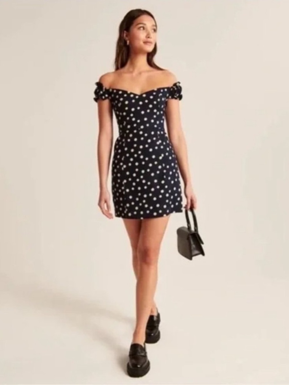 Abercrombie & Fitch Navy and Cream Linen Polka Dot Off-Shoulder Mini Dress